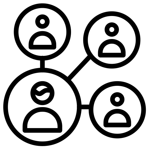 A network diagram with four connected circles, each containing a person icon, representing a social or professional network.