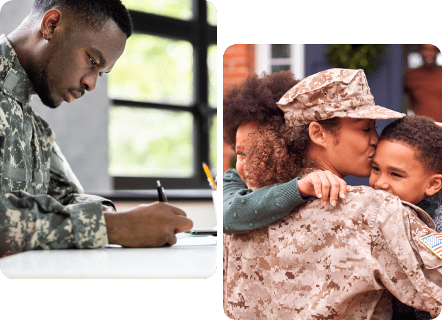Two images: Left, a person in military uniform writing at a desk. Right, a person in military uniform hugging two children indoors.