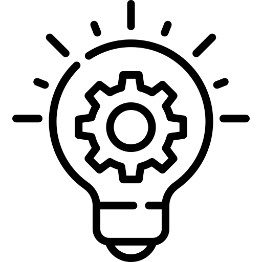 Icon of a light bulb with a gear inside, surrounded by small rays, symbolizing innovation and ideas.