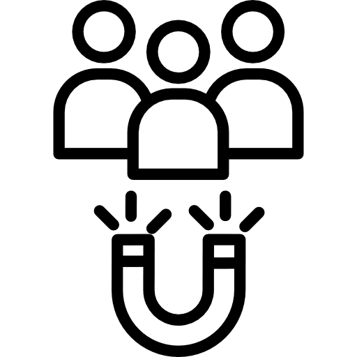 Icon of three people above a magnet attracting them, symbolizing customer attraction or lead generation.