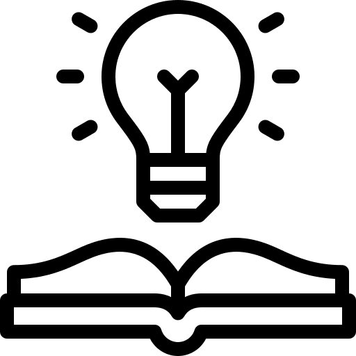 Icon of an open book with a glowing light bulb above it, symbolizing knowledge and ideas.