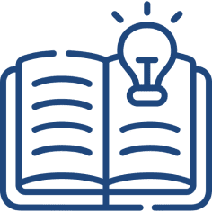 An open book with lines represents text, and a light bulb icon above it symbolizes ideas or knowledge.