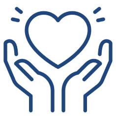 Line drawing of two hands raised, palms facing upward, with a heart above them. Lines emanate from the heart, suggesting care or love.