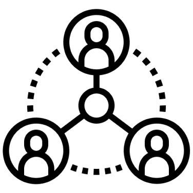 Three connected user icons in a triangular formation, linked by dashed lines, representing networking or collaboration.