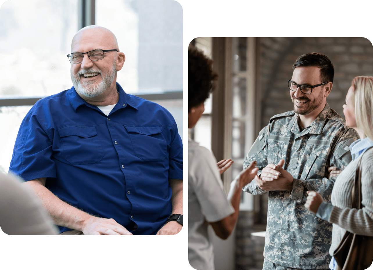 Two images side by side: a smiling man wearing glasses and a blue shirt; a man in military uniform interacting with two people indoors.