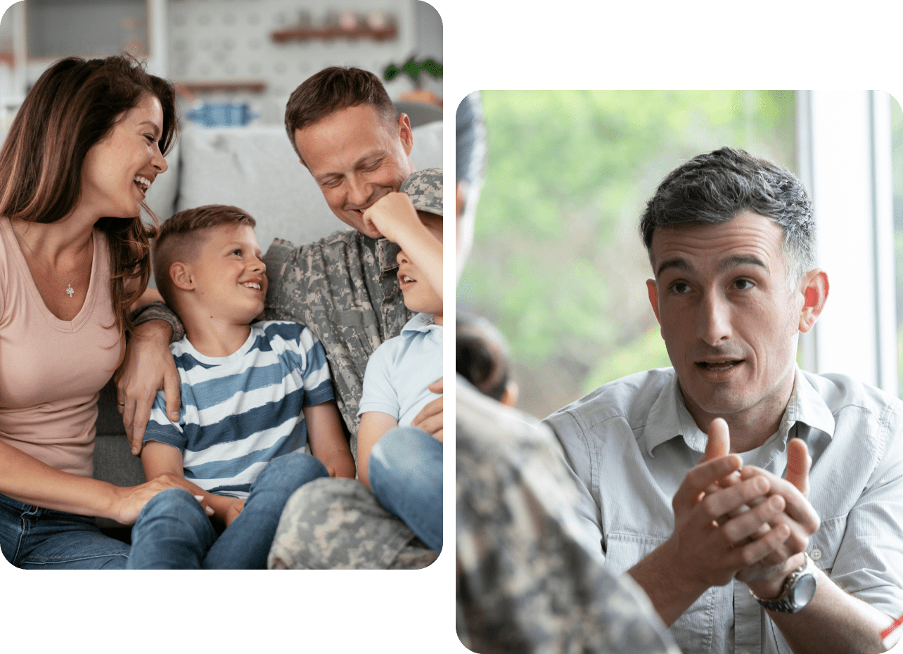 A family sits together smiling on a couch; a man in military uniform interacts with his two children and partner. Adjacent, a man gesturing as he speaks, front-facing, against a blurred green backdrop.