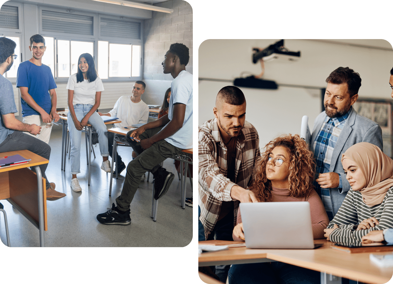 First image: Students gathered in a classroom, engaged in discussion. Second image: A group of people focused on a laptop, possibly in a learning or collaborative work setting.