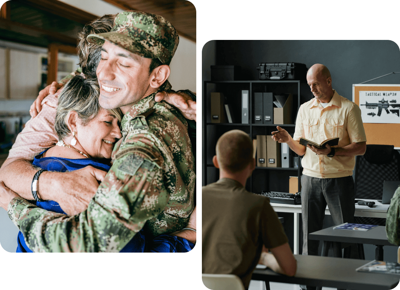 Split image: Left, a person in camouflage uniform hugging a woman. Right, a person standing and reading to two seated individuals in a classroom setting with tactical gear on display.