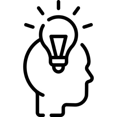 Outline of a head with a lit light bulb above, symbolizing a new idea or creative thinking.