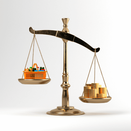 Scale balancing groceries and coins.