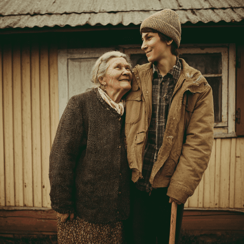 Elderly woman and young man smiling together.