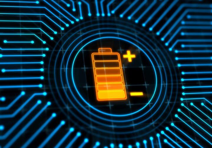 Battery icon on digital circuit background.